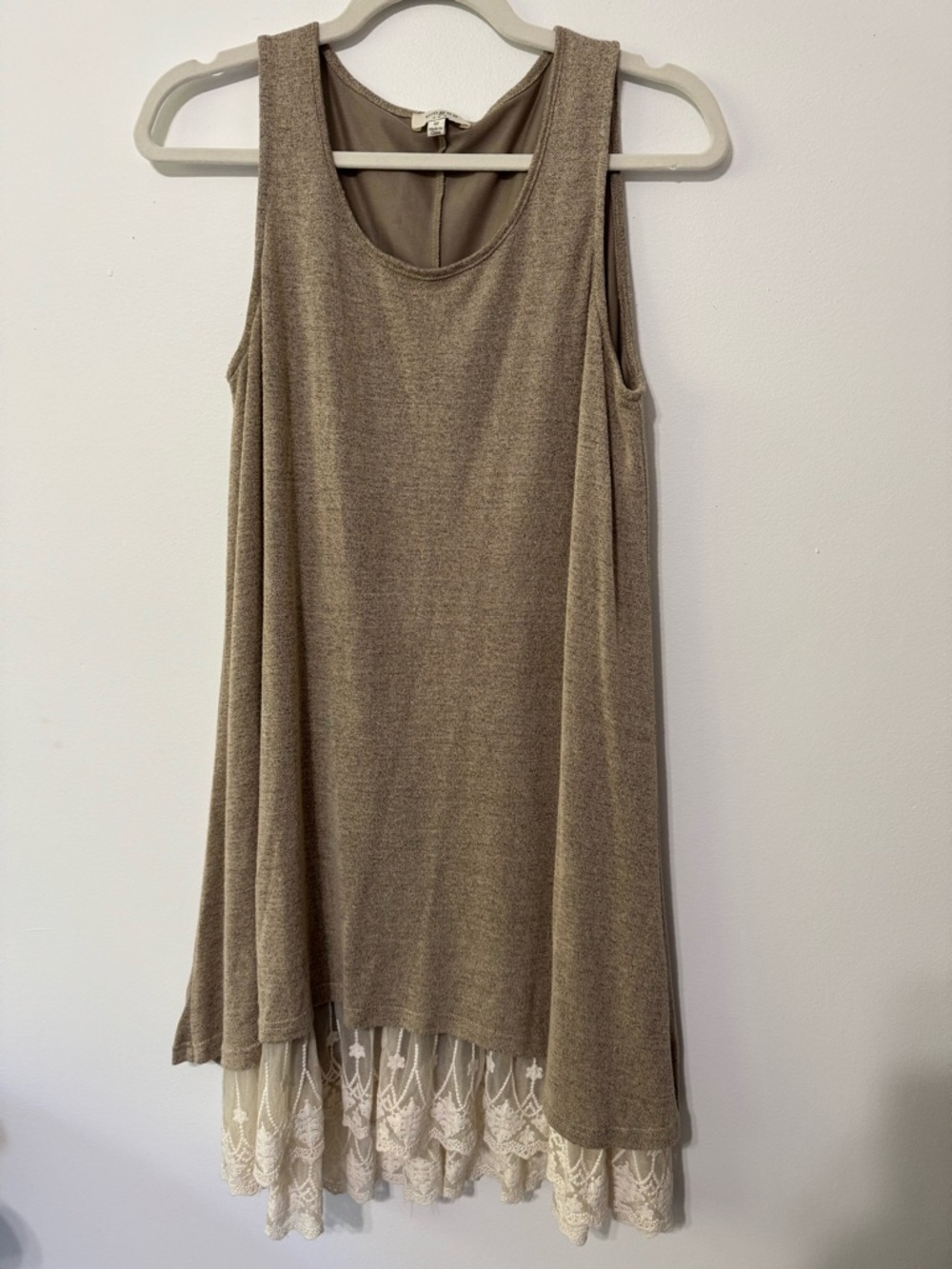 Umgee Sleeveless Taupe Swing Dress with Lace Hem